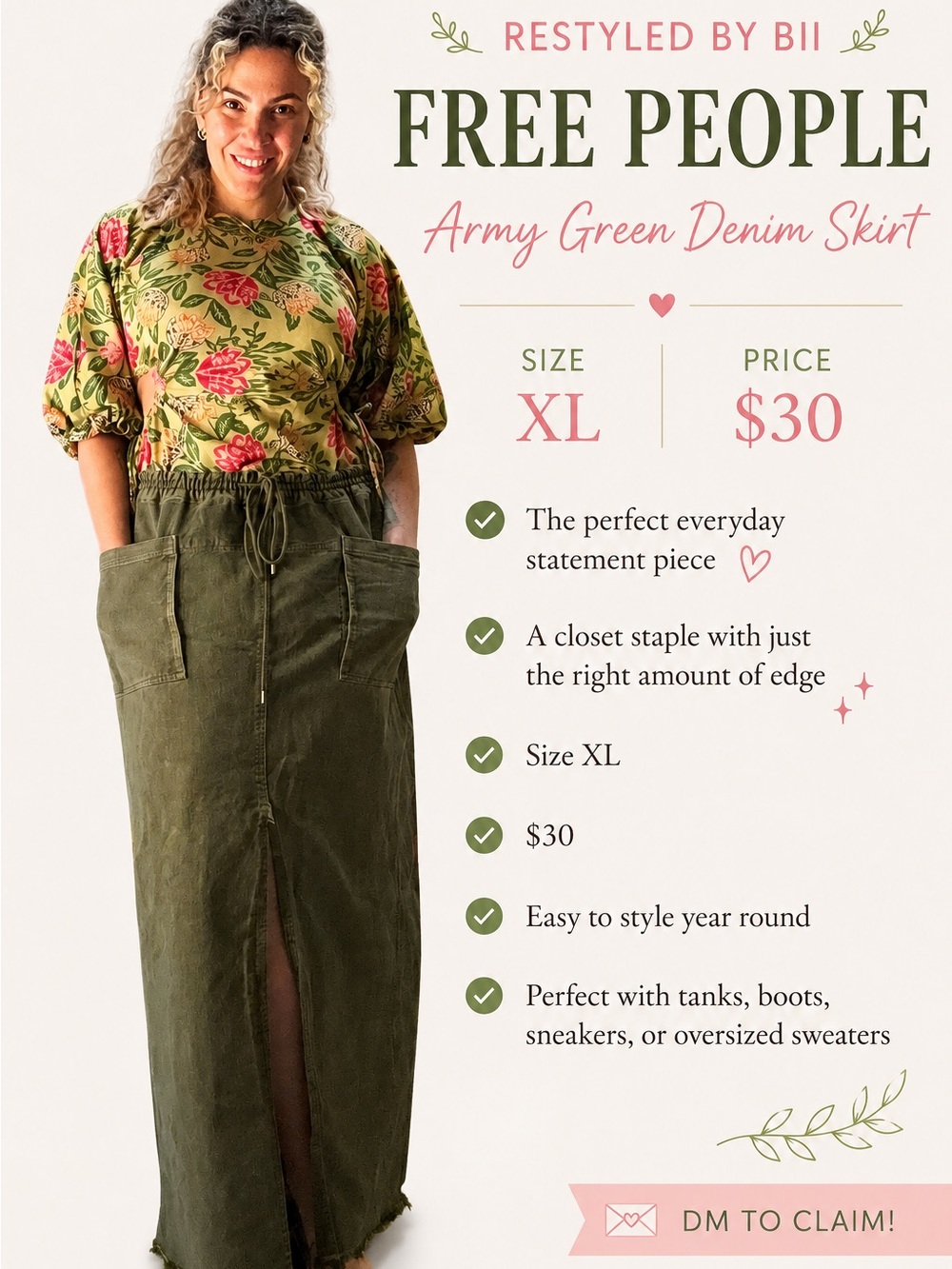 Free People Olive Army Green Denim Maxi Skirt